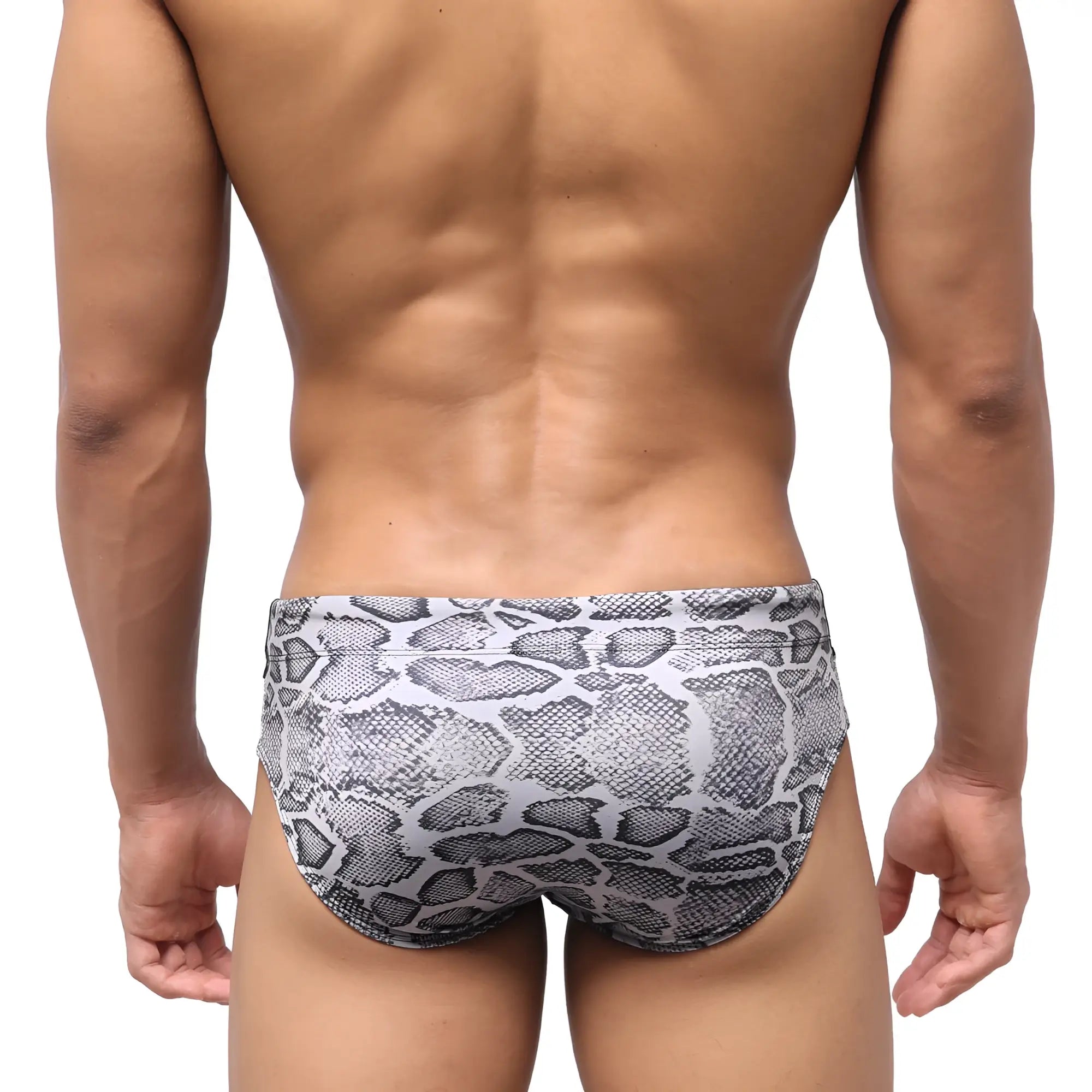 MetroMaleWear Python swim brief grey features gray and black snake scale pattern for stylish swimwear use