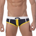 MetroMaleWear Quantum Swim Brief 4916-82 navy blue and yellow swim trunks with white trim and black drawstring waistband