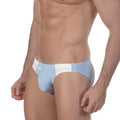 Light blue and white metroMalewear racer swim brief sky 4907-08 with sleek form-fitting athletic design