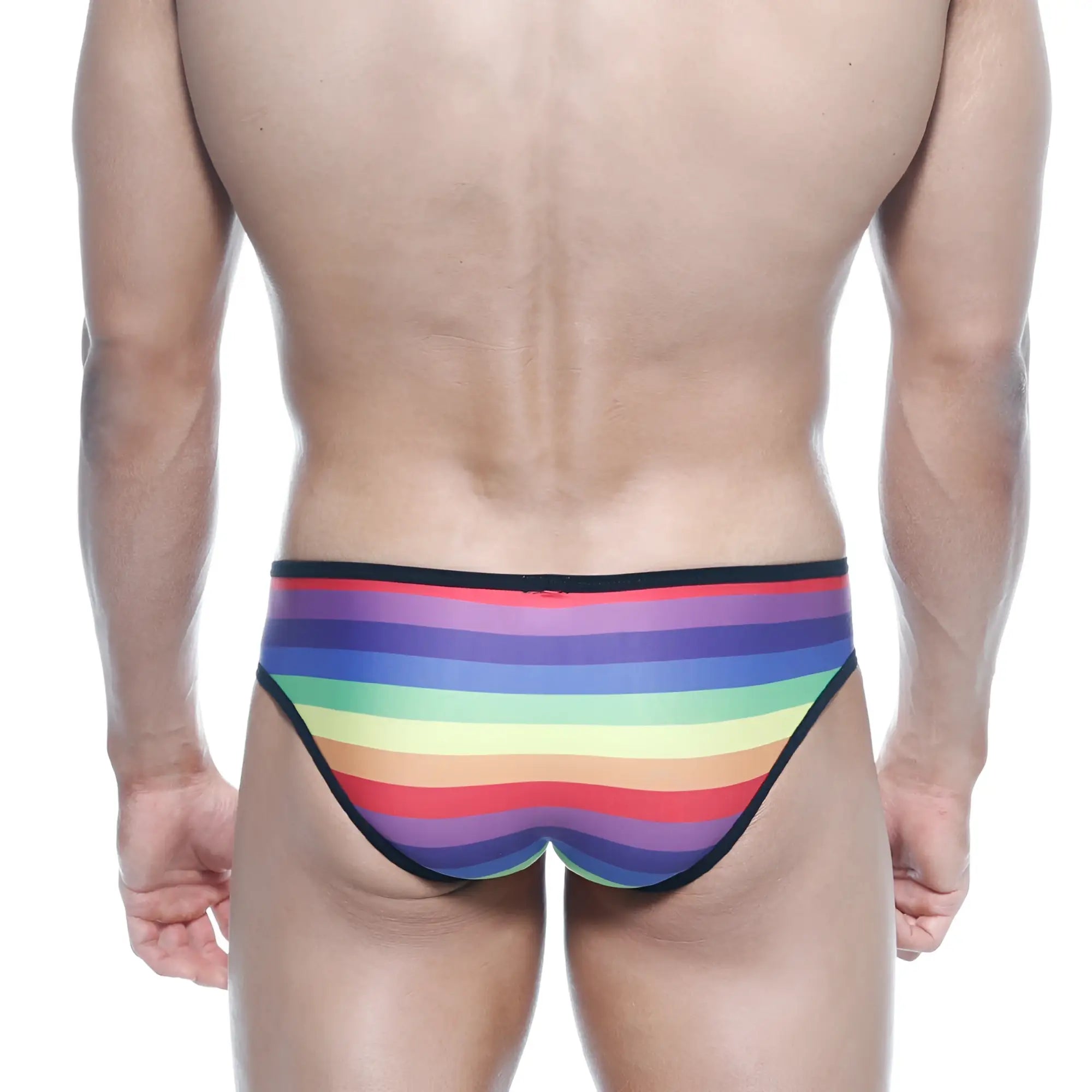 MetroMaleWear rainbow bikini 6105-04 rainbow-striped men’s briefs with black trim for stylish everyday wear