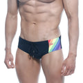 Black swim trunks with a vibrant rainbow stripe on the side from metromalewear model 4914-05 ideal for swimming