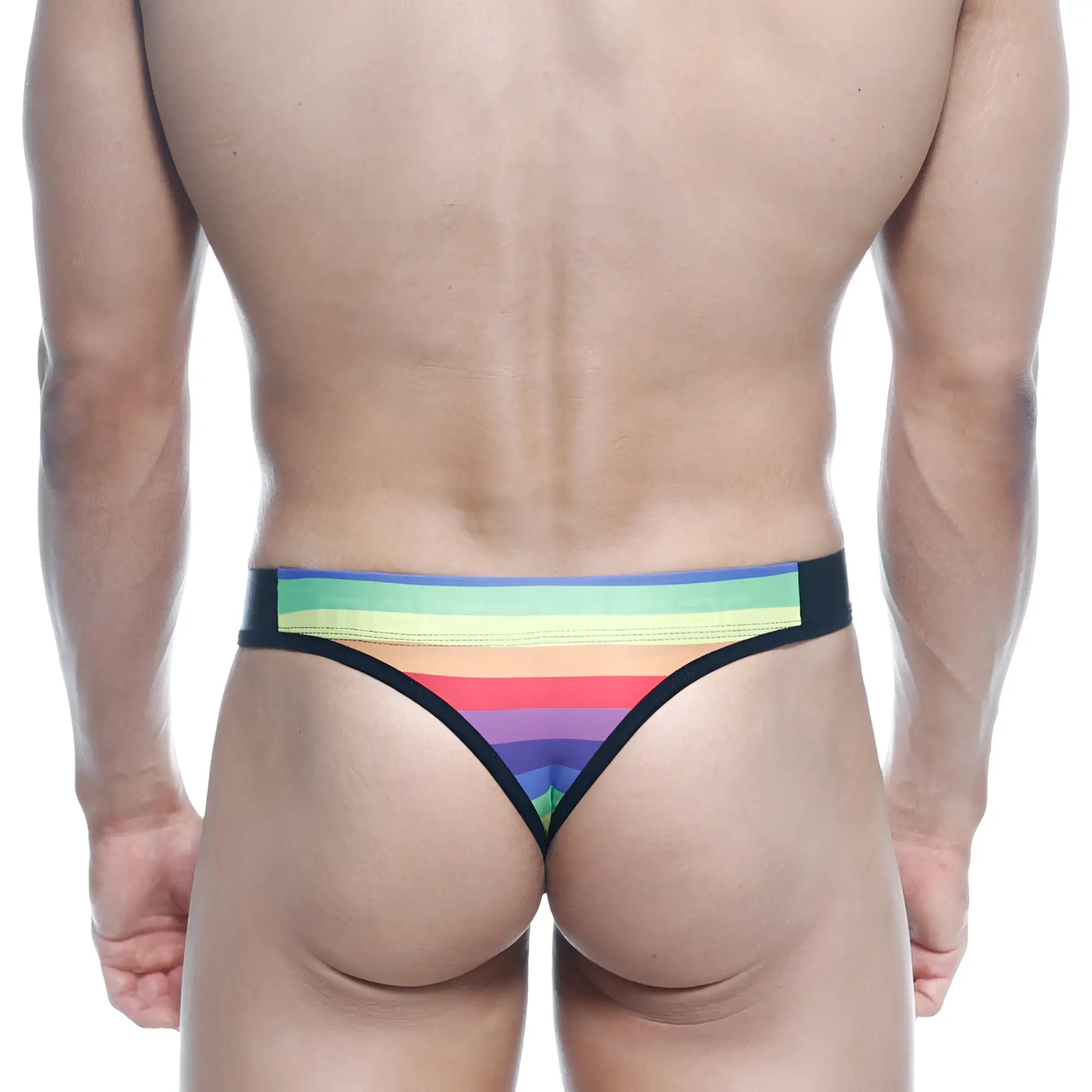 MetroMaleWear rainbow thong 2502-04 with rainbow stripes and black trim in a lightweight stretchy fabric