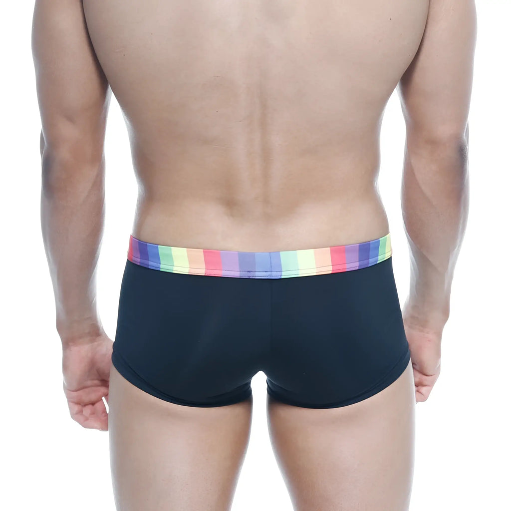 Black briefs metroMalewear rainbow trunk 2026-04 with colorful rainbow-striped waistband for vibrant style