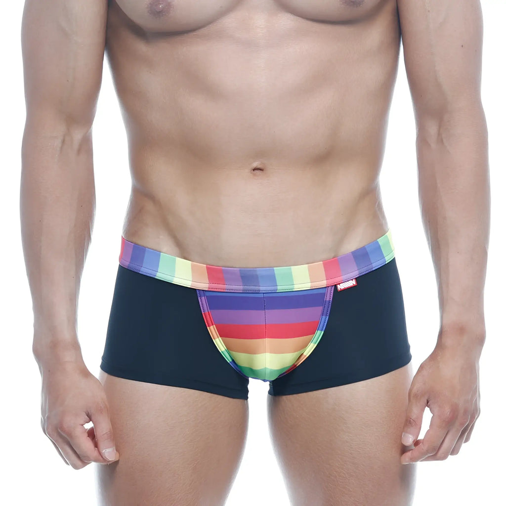 Black MetroMaleWear Rainbow trunk briefs with vibrant rainbow-striped waistband and front panel for stylish comfort