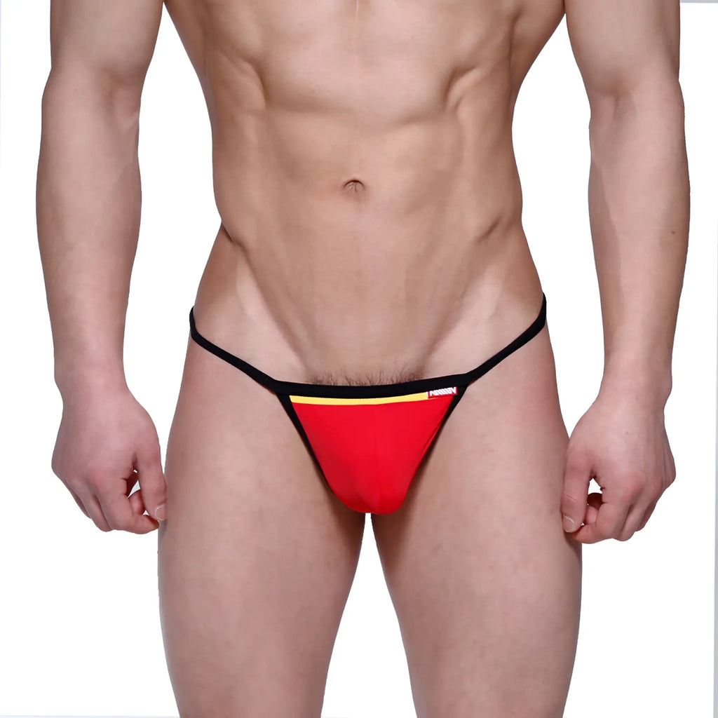 MetroMalewear reef string red 2014-31 thong in red and black with a yellow stripe across the waistband
