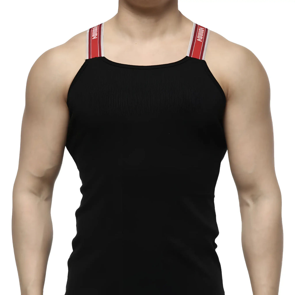Black tank top with red and white striped shoulder straps and branded logo from MetroMaleWear relaxed tank 3124-20