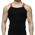 Black tank top with red and white striped shoulder straps and branded logo from MetroMaleWear relaxed tank 3124-20