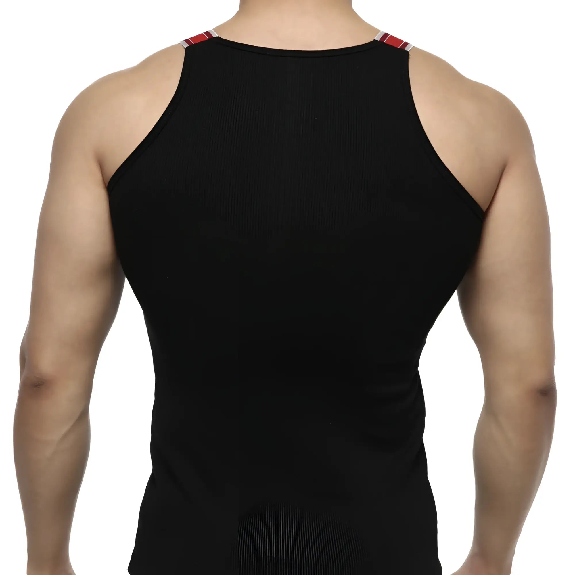 Black sleeveless tank top with red and white striped trim along shoulder straps metroMalewear relaxed tank black