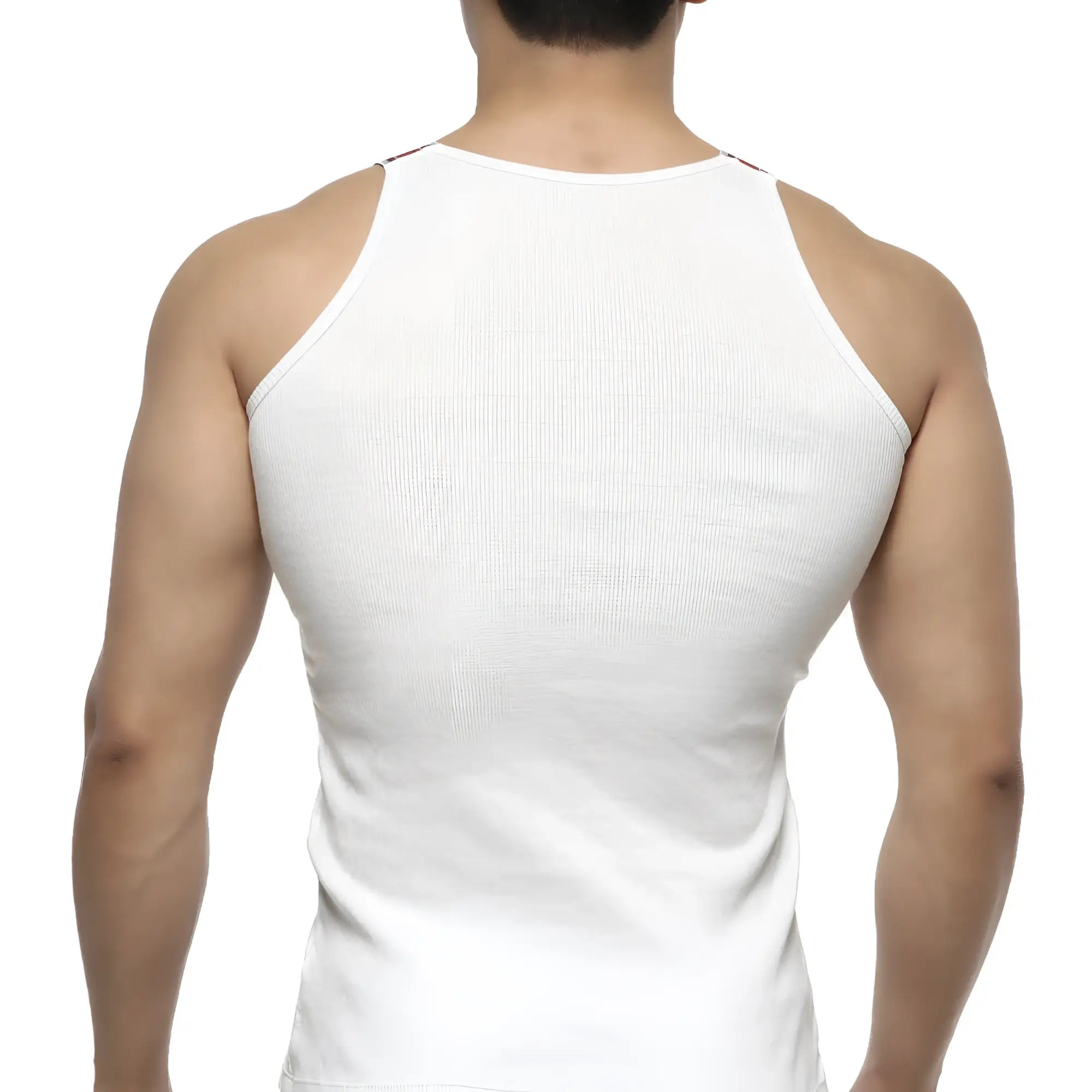 White ribbed tank top with thin straps by metromalewear relaxing fit in white cotton blend fabric