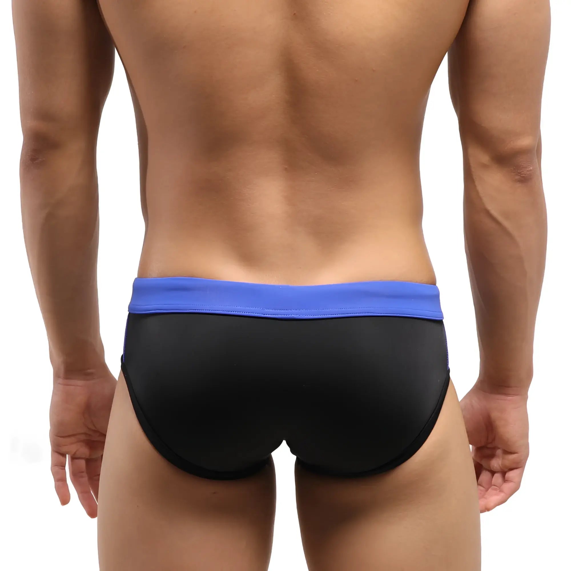 MetroMaleWear Reno swim brief black with vibrant blue elastic waistband designed for comfortable swimwear use