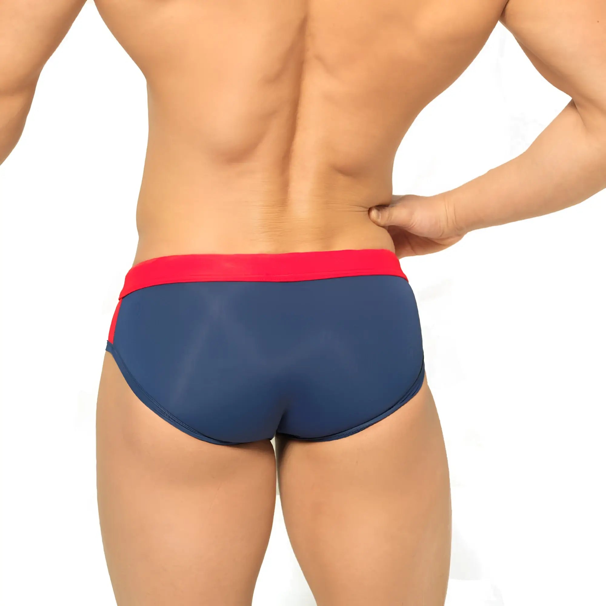 MetroMaleWear Reno swim brief navy 4962-28 with navy blue fabric and bold red waistband and side trim