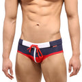 MetroMaleWear Reno swim brief red 4962-12 with navy blue and red colors, white trim, and a matching red drawstring