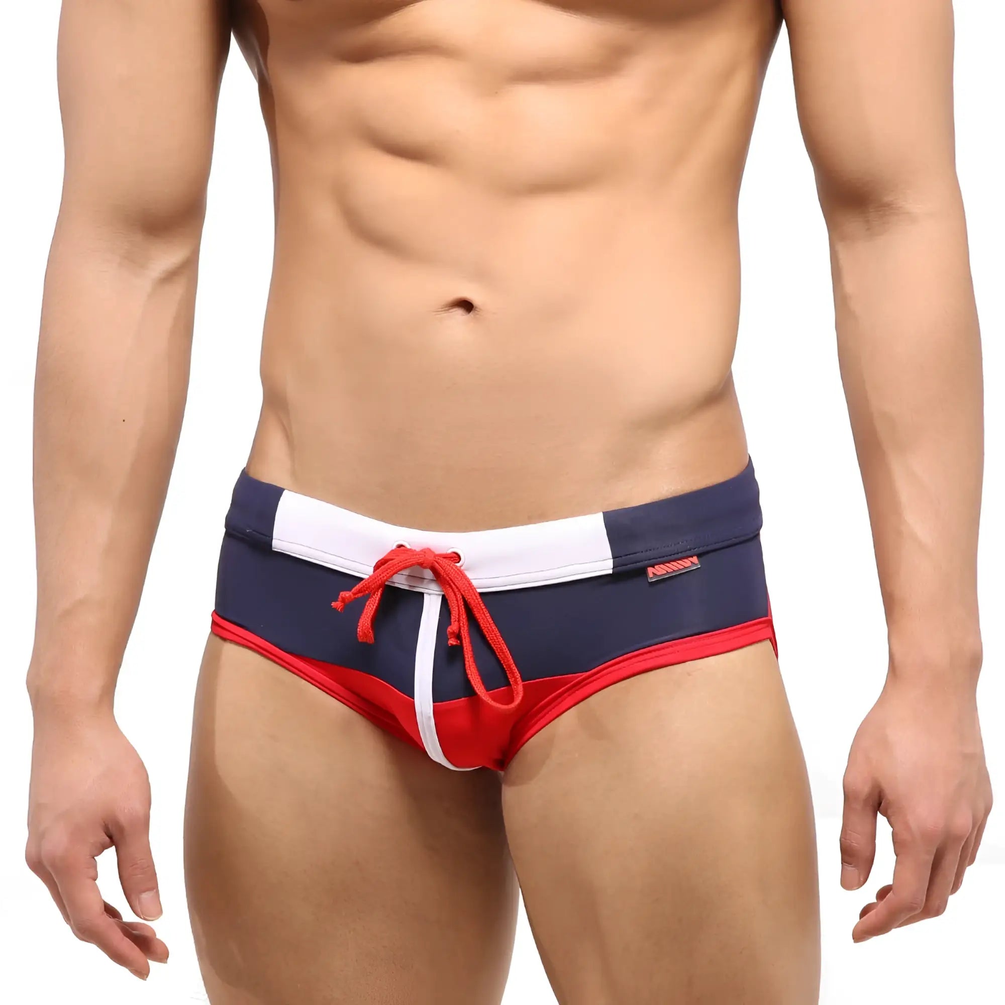 MetroMaleWear Reno swim brief red 4962-12 with navy blue and red colors, white trim, and a matching red drawstring
