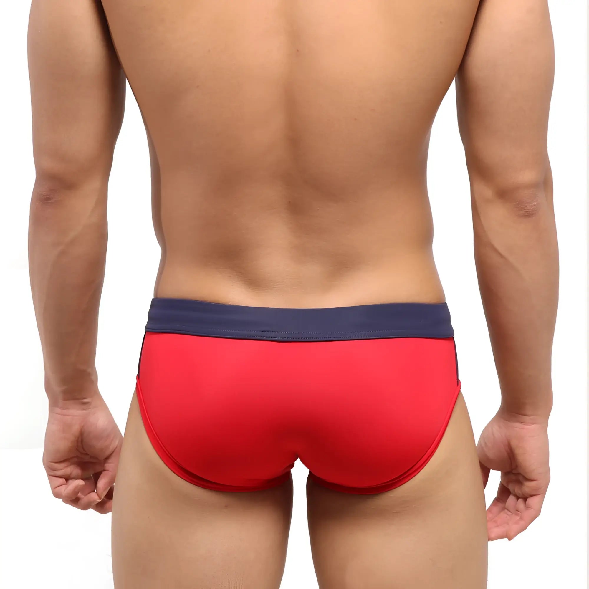 Metro male wear reno swim brief red 4962-12 featuring red swim trunks with a navy blue waistband for men