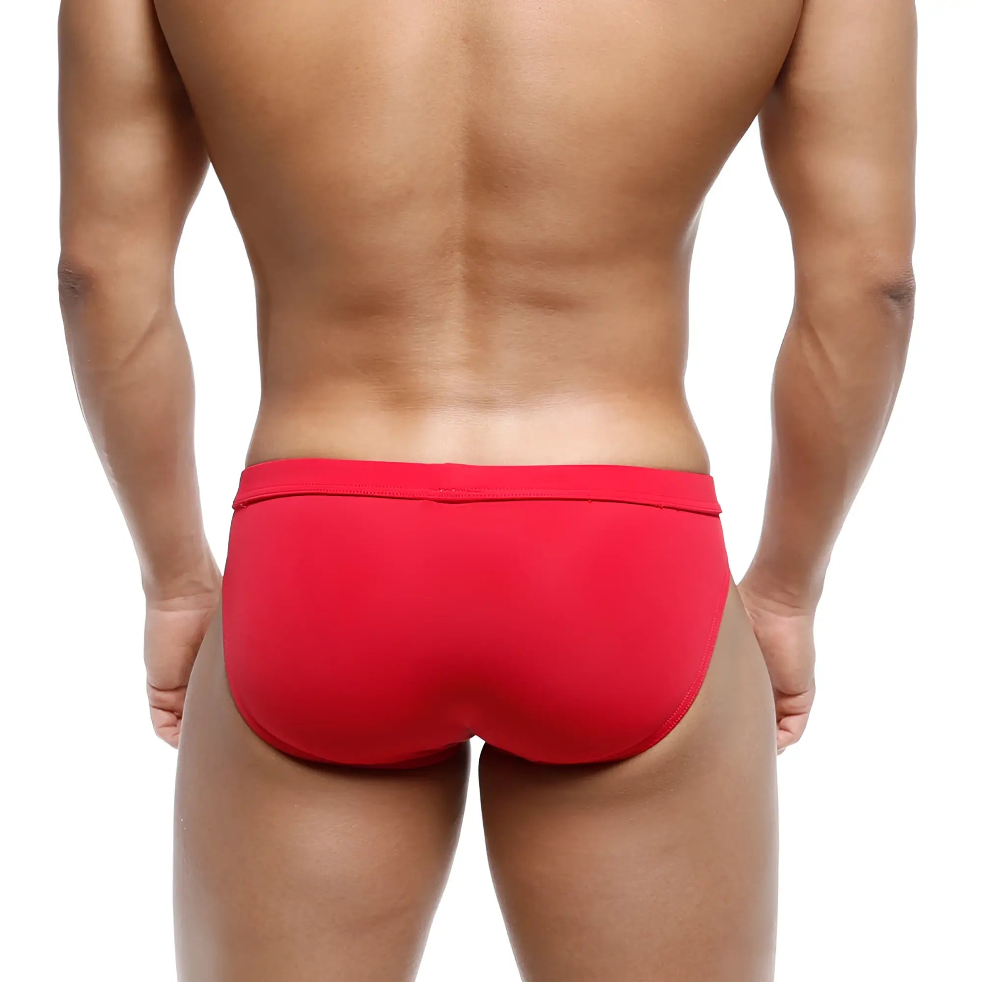 Red metro malewear resort swim briefs with smooth form-fitting design ideal for comfortable beachwear