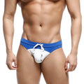 Blue and white MetroMaleWear resort swim brief with drawstring waistband for comfortable beachwear use
