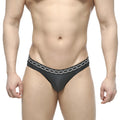 MetroMaleWear Rhapsody bikini black thong featuring a silver chain pattern along the waistband