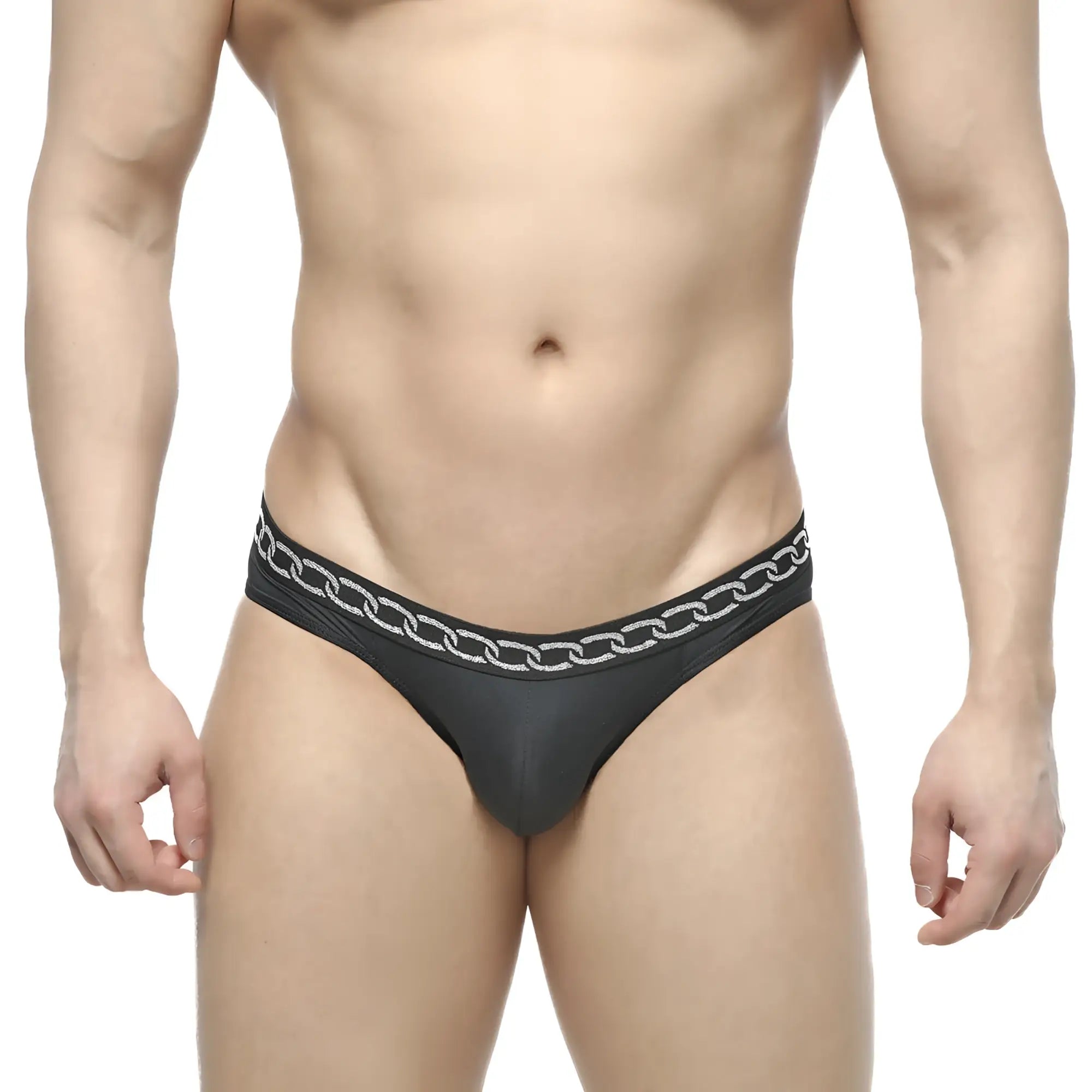 MetroMaleWear Rhapsody bikini black thong featuring a silver chain pattern along the waistband