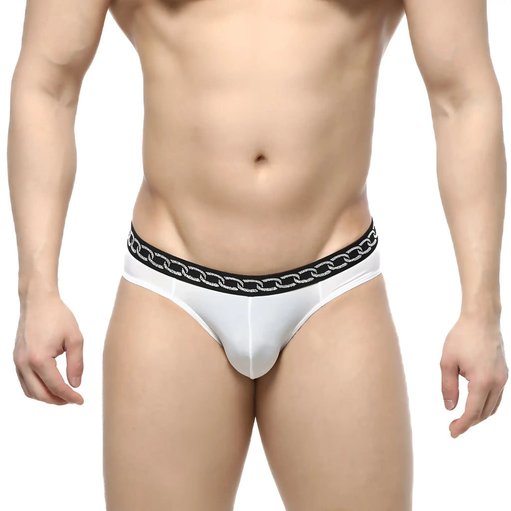MetroMaleWear Rhapsody bikini white briefs with black embossed chain pattern waistband for men