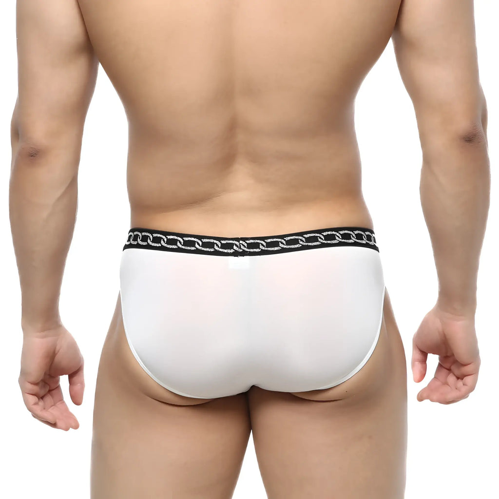 MetroMaleWear Rhapsody bikini white men’s briefs with black waistband and silver chain pattern for stylish comfort