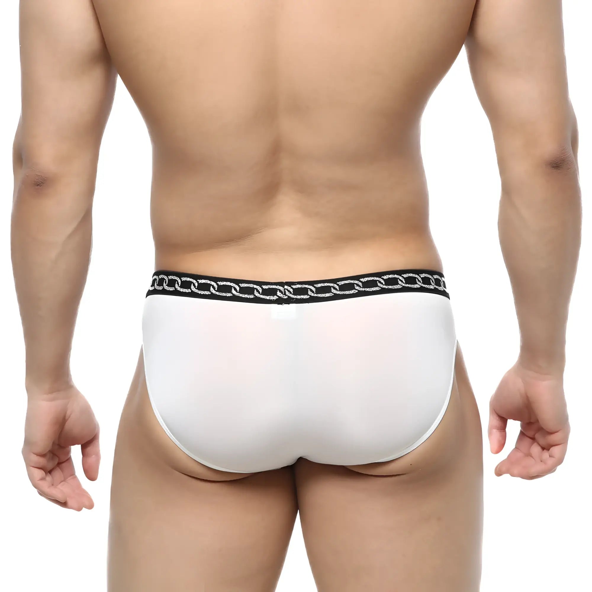 MetroMaleWear Rhapsody bikini white men’s briefs with black waistband and silver chain pattern for stylish comfort