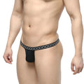 MetroMaleWear Rhapsody thong black with decorative chain pattern along the waistband shown from the back side