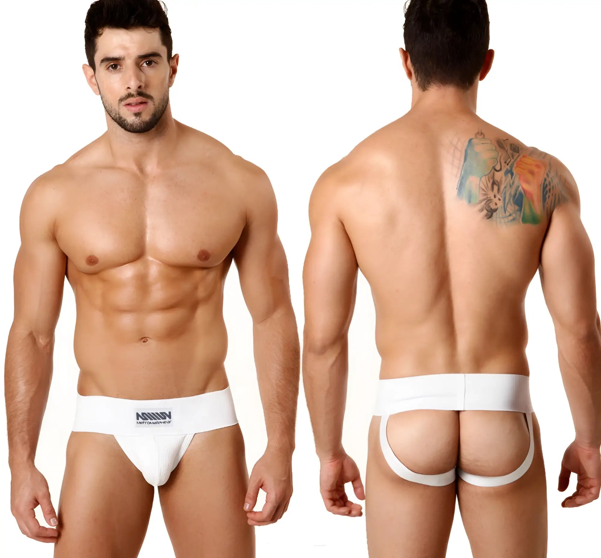 White metro male wear rib cotton classic jock strap briefs with branded logo on waistband front view