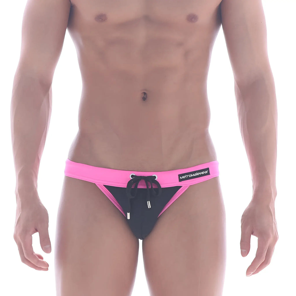 Black and pink MetroMaleWear Rio swim bikini with bright pink waistband and metromalewear logo for swimwear use