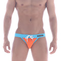 MetroMaleWear Rio swim bikini orange men’s swim trunks with bright orange and light blue panels and white drawstring ties