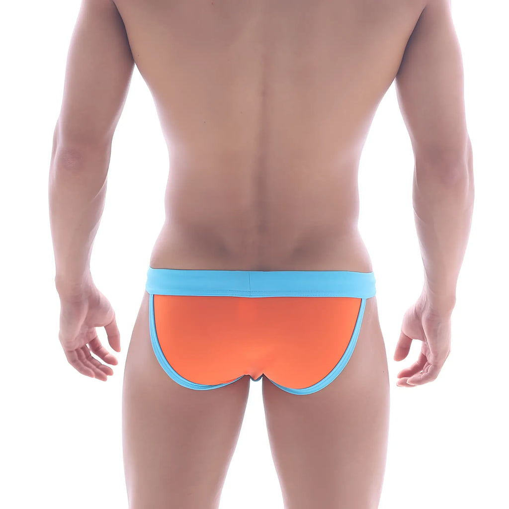 Bright orange swim bikini with light blue elastic waistband and trim by MetroMaleWear Rio model 4949-14