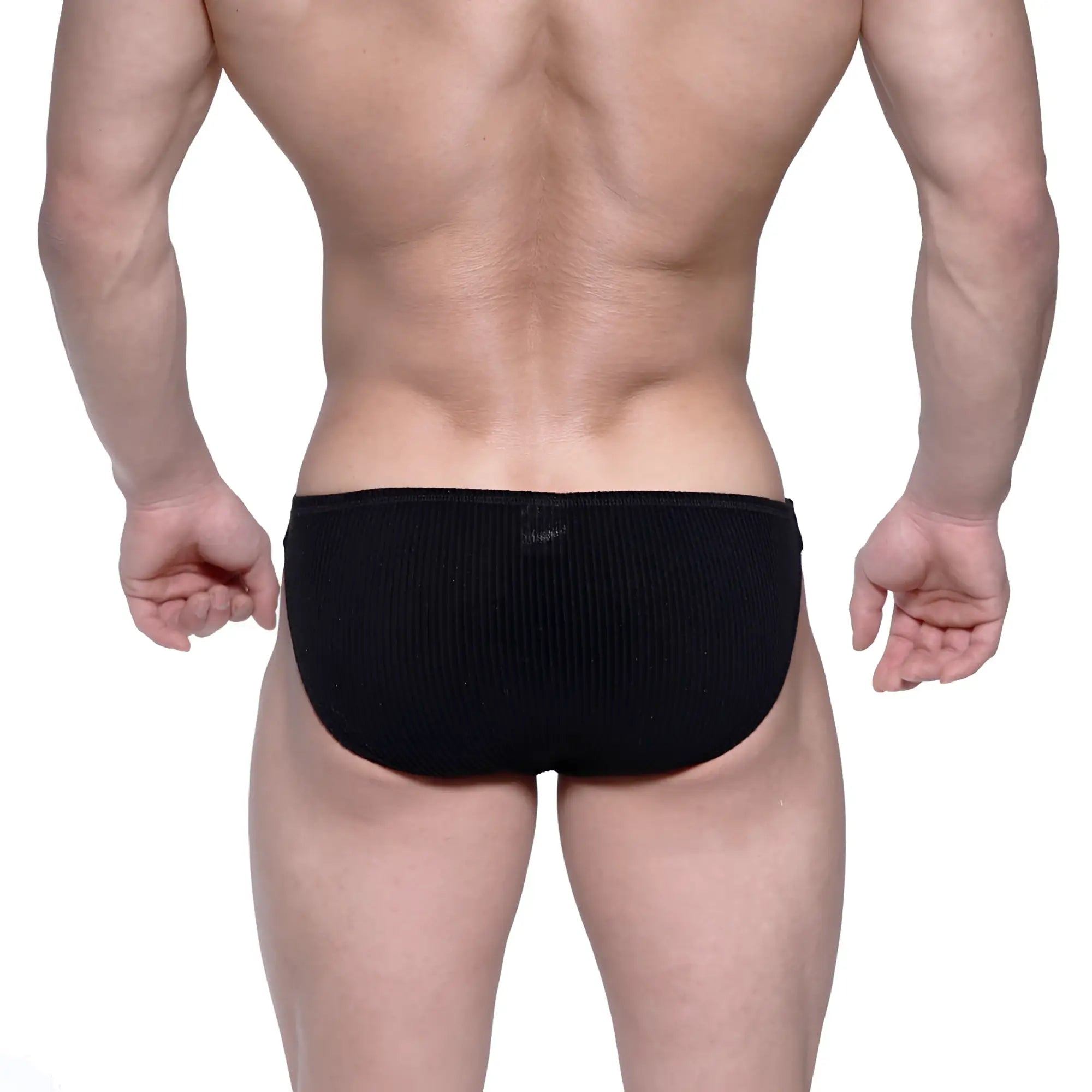 Black ribbed knit briefs metro malewear rivera bikini 6006-20 front view with a textured fabric design