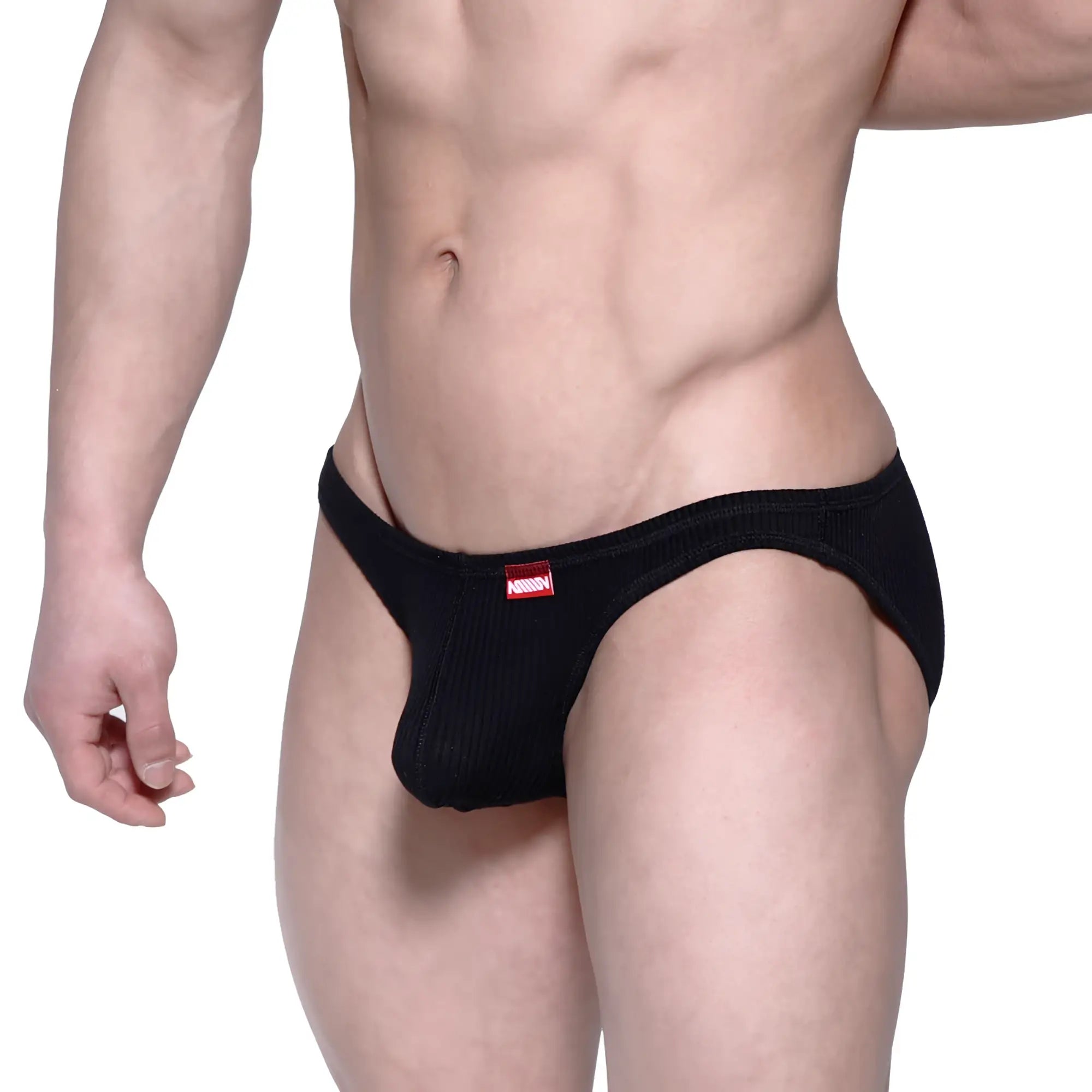 Black ribbed metro male wear rivera bikini briefs with red brand tag made from soft comfortable fabric