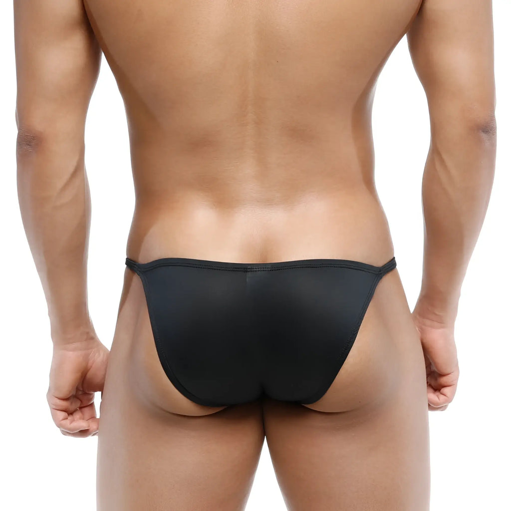 Metro male wear romantic bikini black 6008-20 back view of a black form-fitting thong made of smooth stretchy fabric