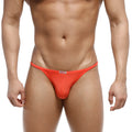 Bright orange MetroMaleWear Romantic Bikini Coral thong in smooth stretch fabric with a white brand tag at the waistband