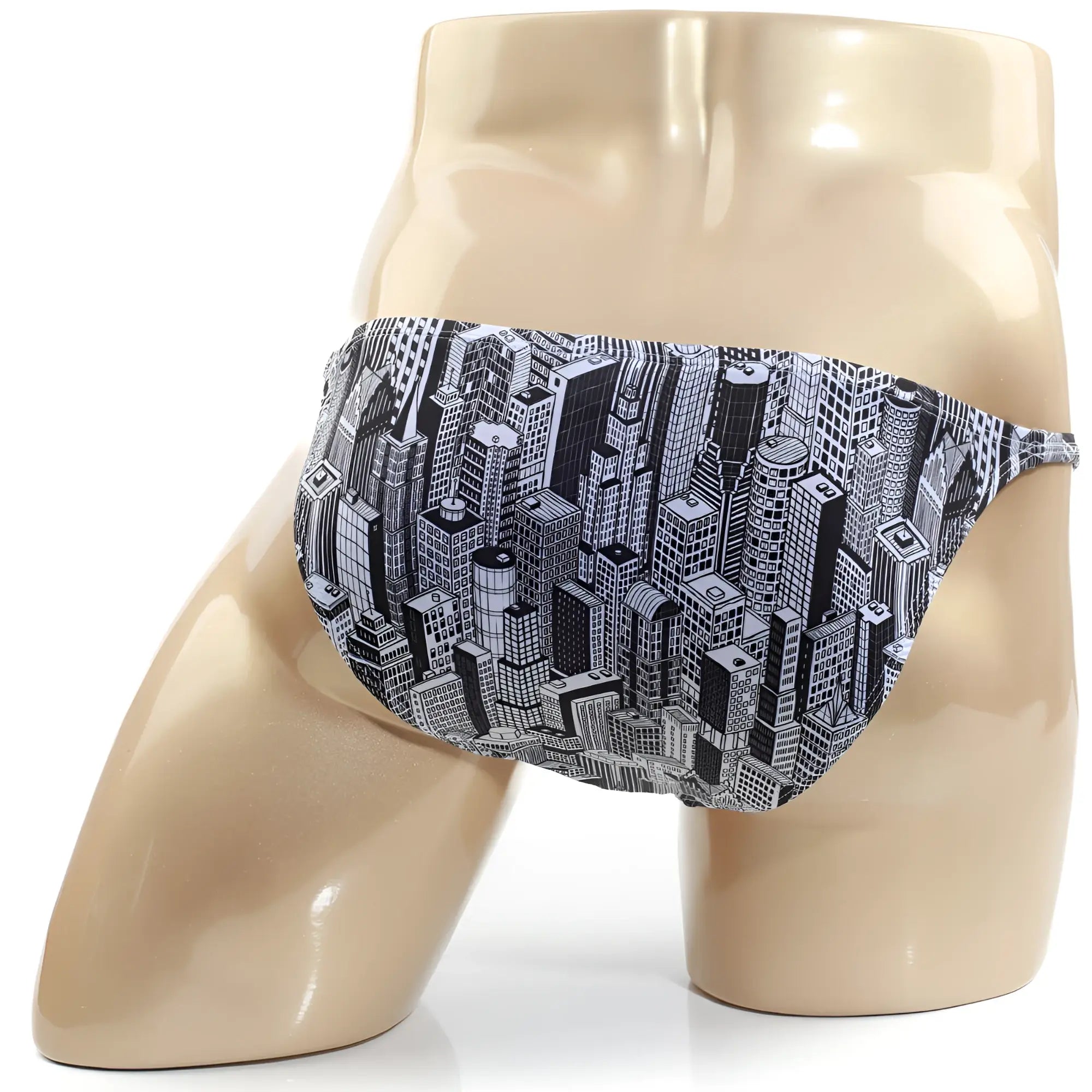 MetroMalewear romantic bikini skyscraper 6008-48 black and white illustrated cityscape patterned swim trunks