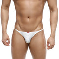 White form-fitting thong with a subtle red logo tag at the waistband from MetroMaleWear romantic bikini 6008-00