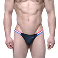 Black mens thong with red white and blue striped waistband featuring mew logo metro male wear romeo thong black 3612-20