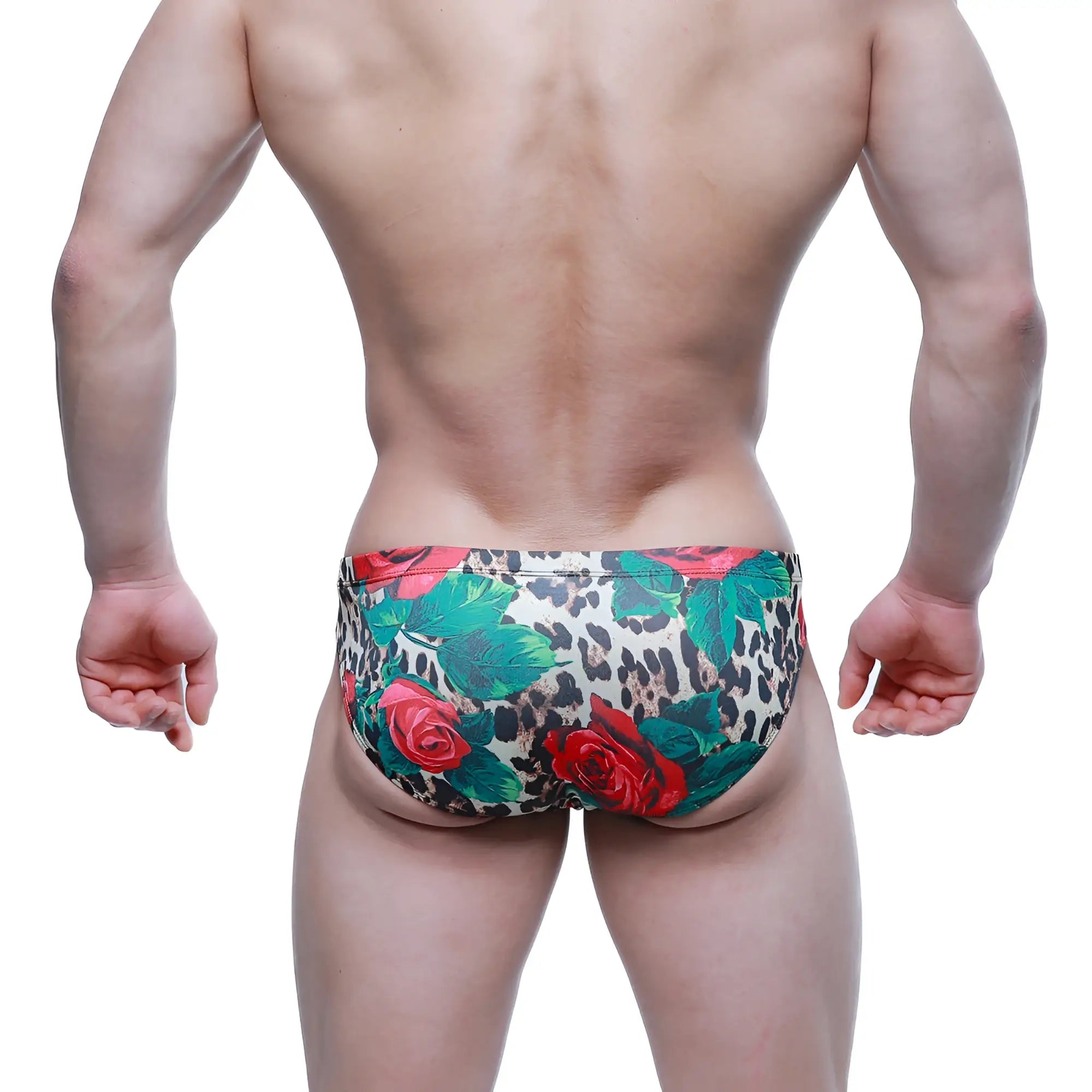 MetroMaleWear Rosee Bikini 5103-M81 featuring vibrant red roses and green leaves on bold leopard-print swim trunks