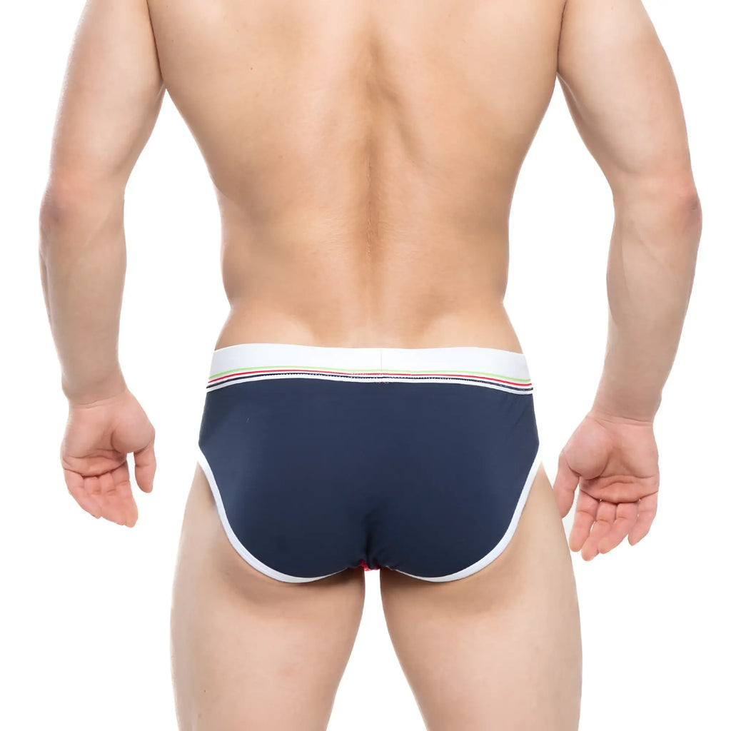 Navy blue MetroMaleWear Rudolf brief 5203-29 with white trim and rainbow stripe waistband for comfortable wear