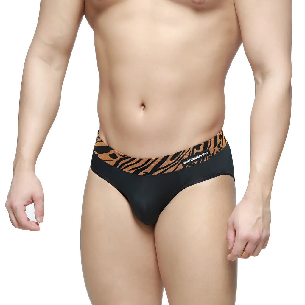 MetroMalewear sabana brief black 5003-55 black briefs with bold orange black tiger stripe waistband and metconverse branding