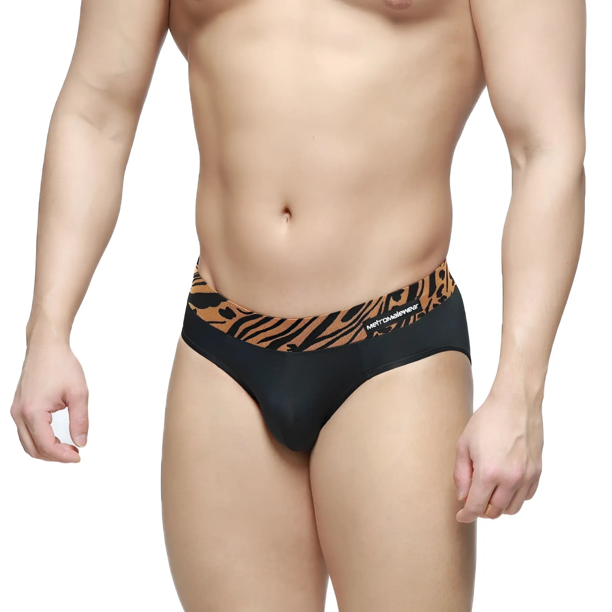 MetroMalewear sabana brief black 5003-55 black briefs with bold orange black tiger stripe waistband and metconverse branding
