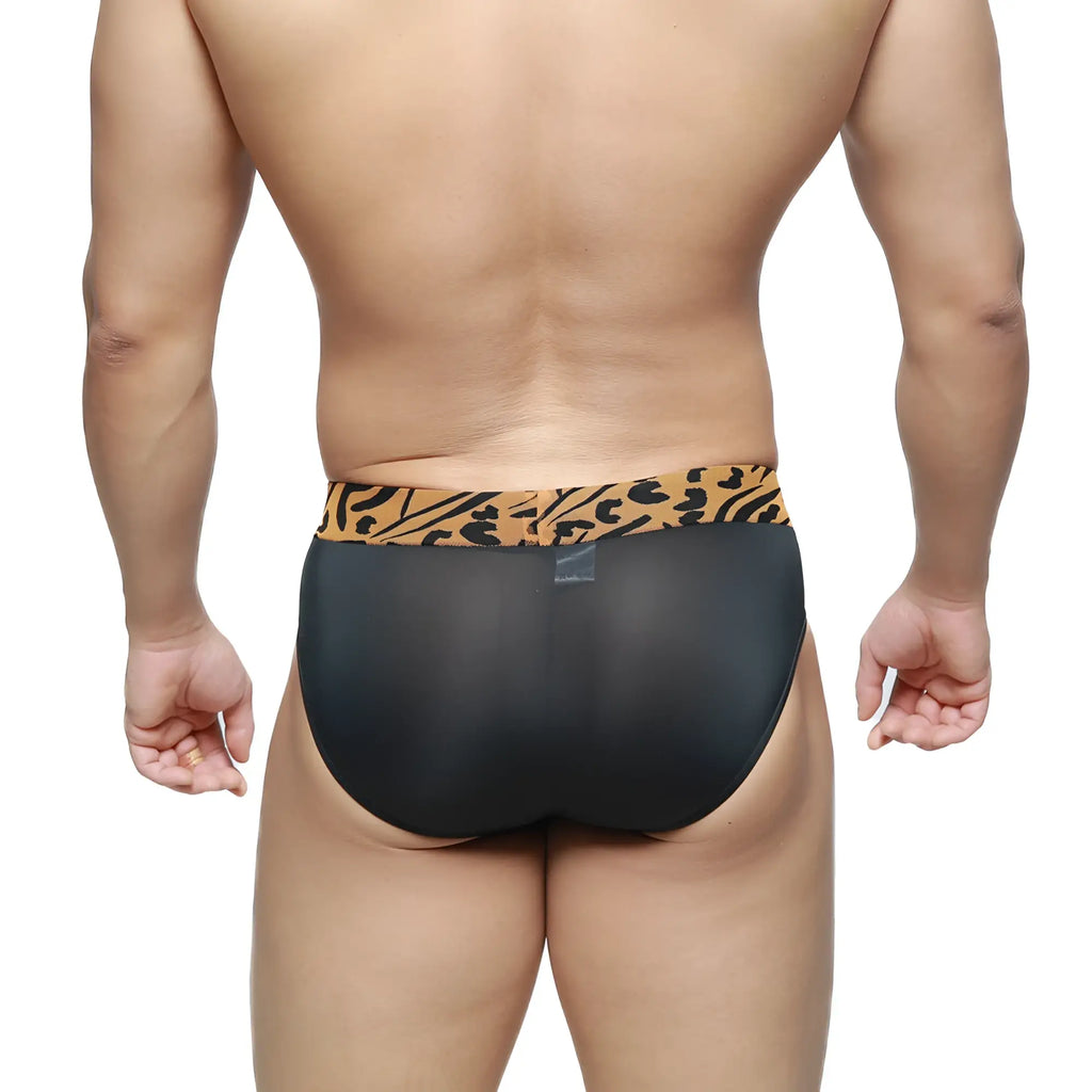 MetroMaleWear Sabana brief black mesh briefs with tan and black leopard print waistband for stylish comfort