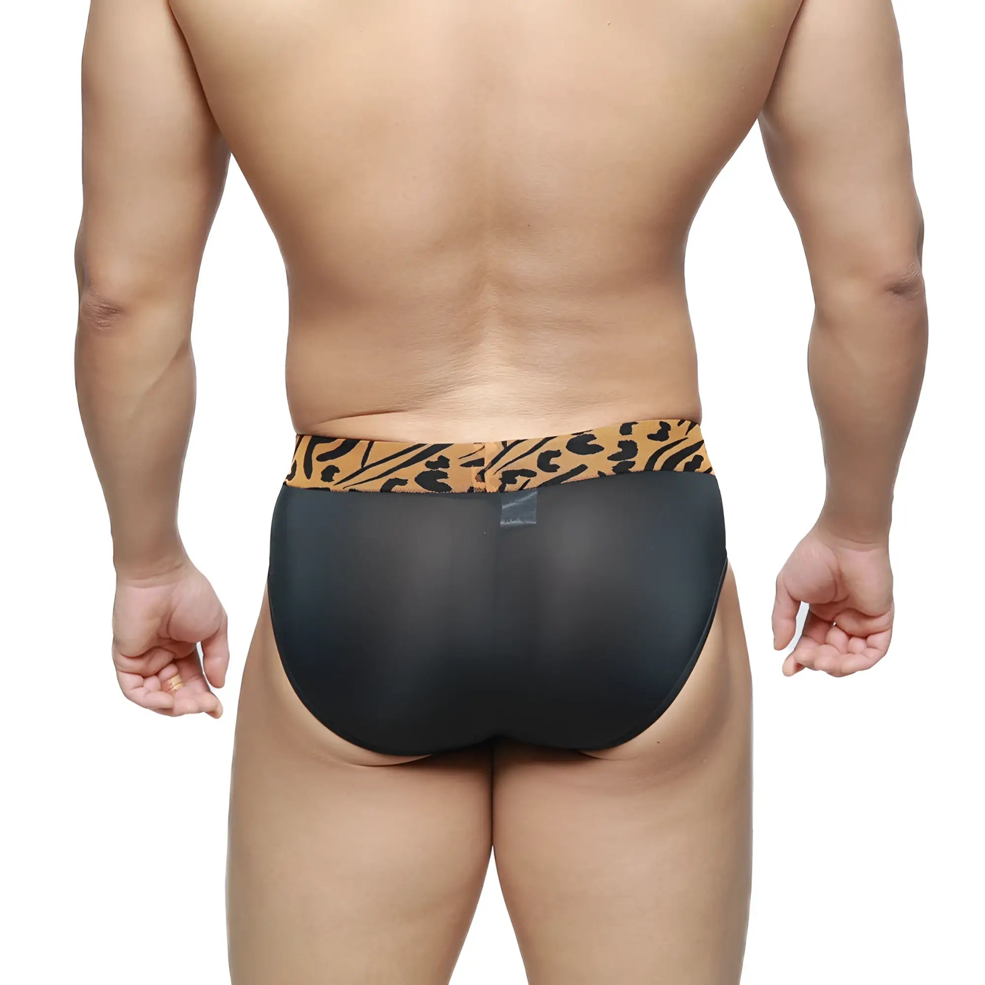 MetroMaleWear Sabana brief black mesh briefs with tan and black leopard print waistband for stylish comfort