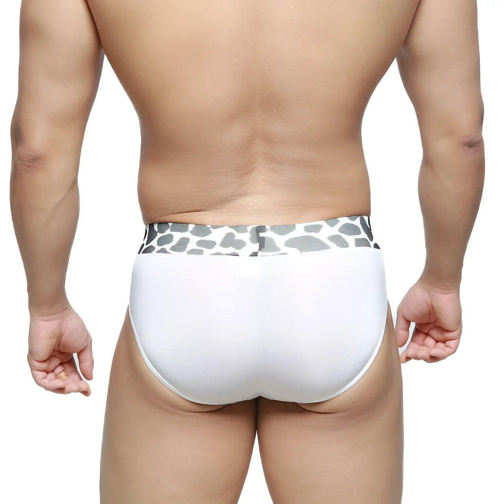White briefs with a gray and white giraffe print waistband from MetroMaleWear Sabana Brief 5003-54 front view