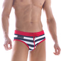 MetroMaleWear Sailor Swim brief 4916-40 with red white and navy blue stripes and red drawstring waistband