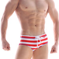 MetroMaleWear Sailor swim brief red with white stripes blue trim and white drawstring waist for swimming