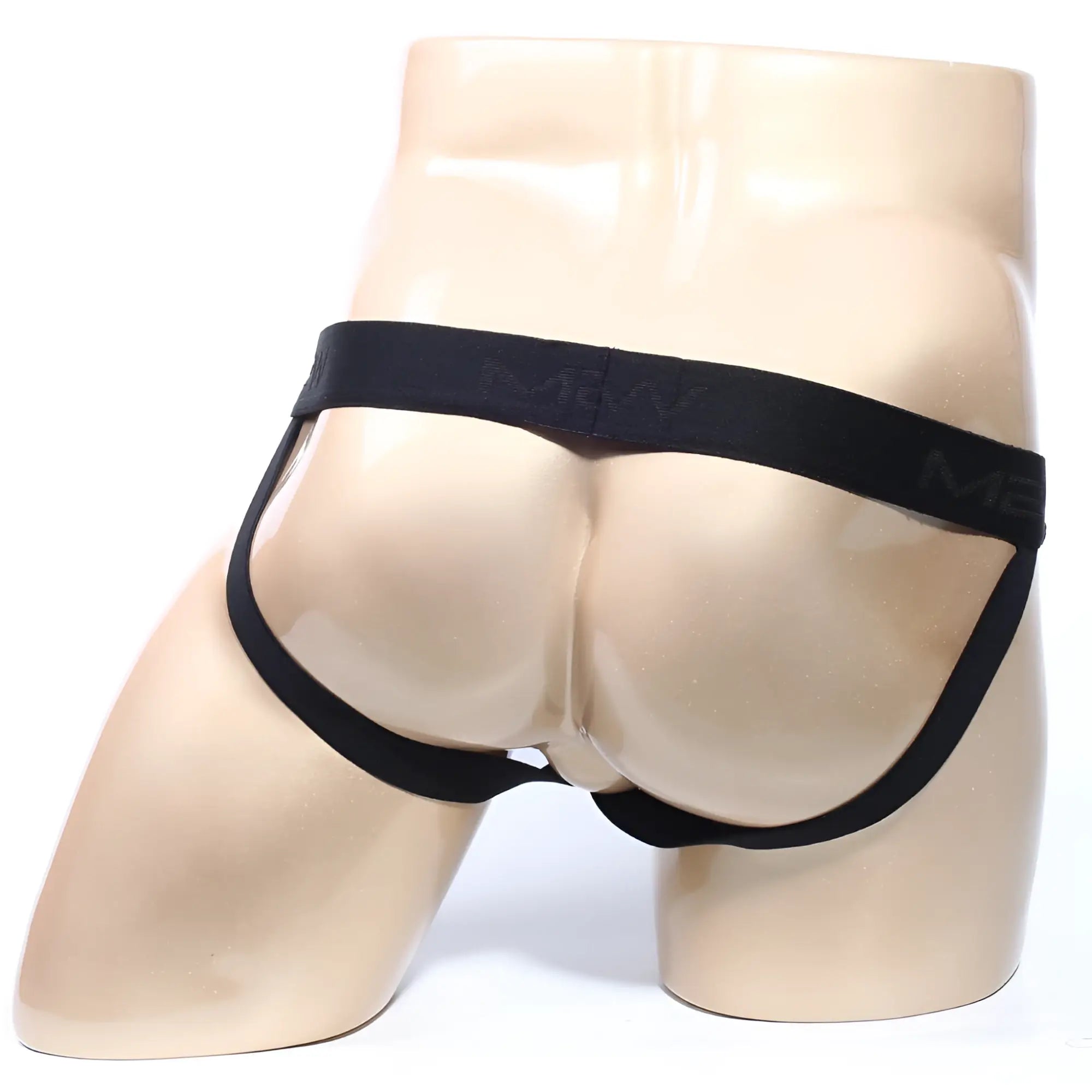 Black m2 brand briefs with smooth elastic waistband and supportive side straps shown from the back in MetroMaleWear Santacruz jock strap yellow 2101-15 product