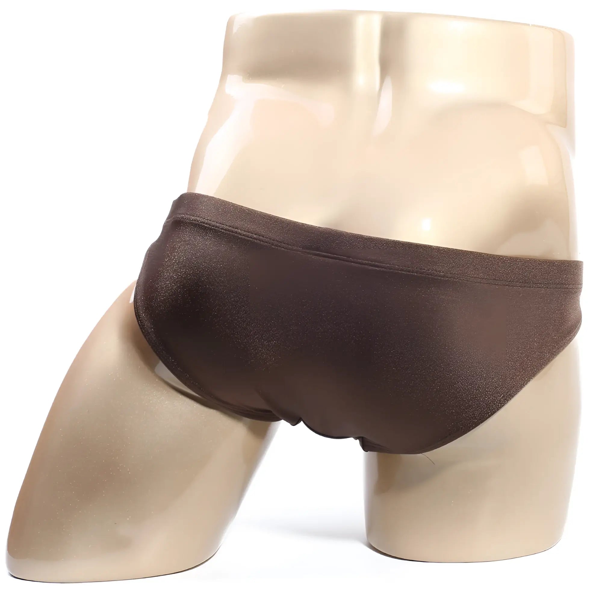 Brown shiny fabric briefs swim bikini by metromalewear santorini for men displayed on a mannequin