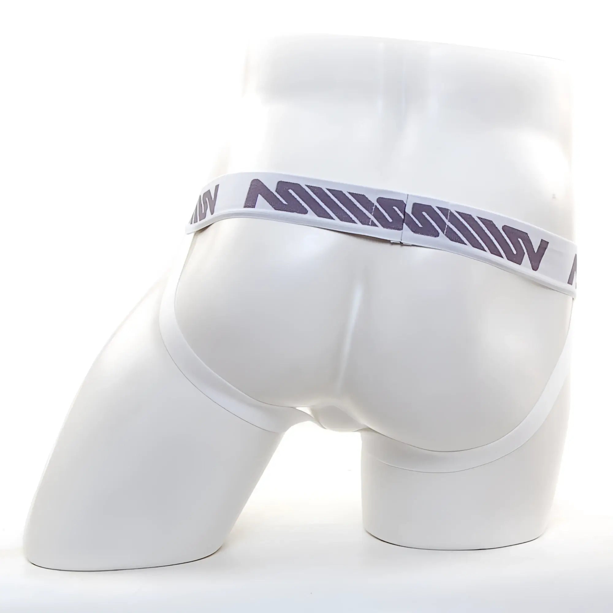 White satin silk jock strap with gray milk logo band from metromalewear model 4011-00 in ivory color