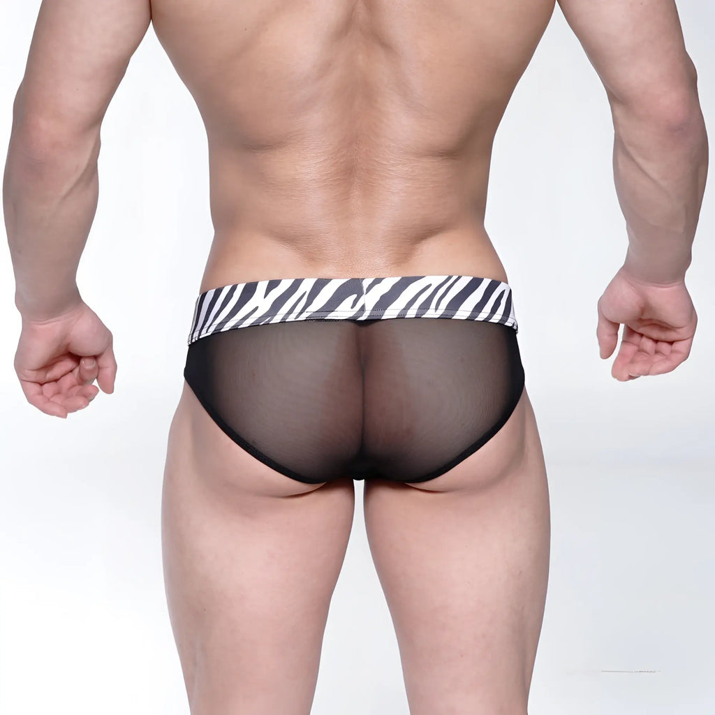 Black mesh briefs with a bold black and white zebra-striped waistband metroMaleWear savage bikini 6105-50
